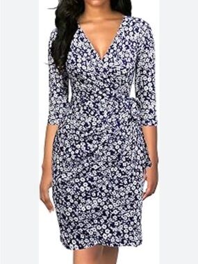 Berydress Navy Floral Wrap Dress with 3/4 Sleeves Sz XL